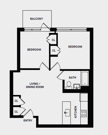 Floor plan for 2 beds, 1 bath, 679 sqft